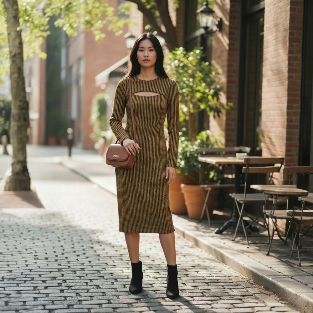 Tenax Made in Italy Mustard Yellow Houndstooth Cutout Bodycon Midi Dress, Size 6